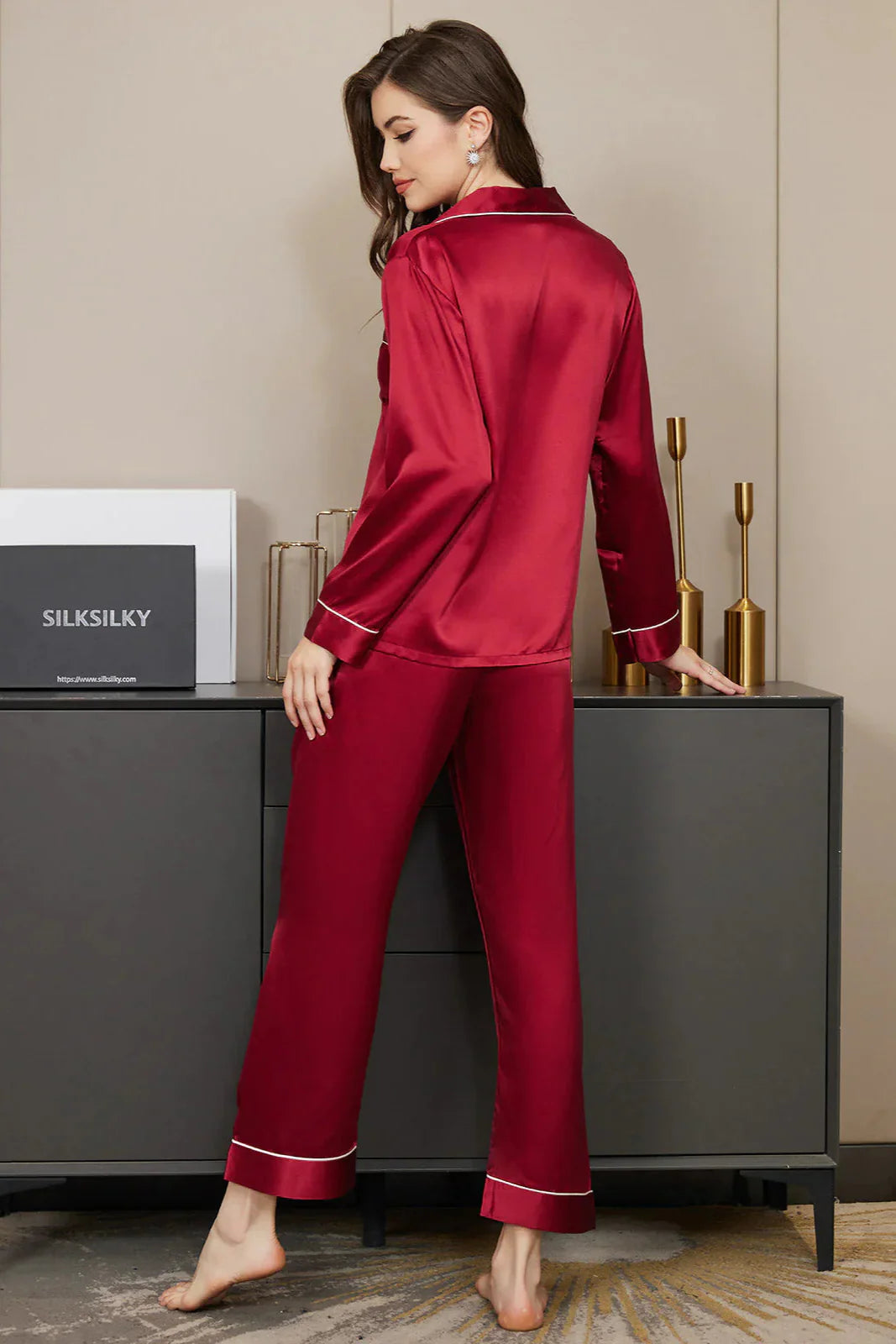 Studio By Arj Bella de Fashion Style Haven Contrast Pipping Satin Silk Burgandy Pajama Set  ARJ-PJ27-BDG