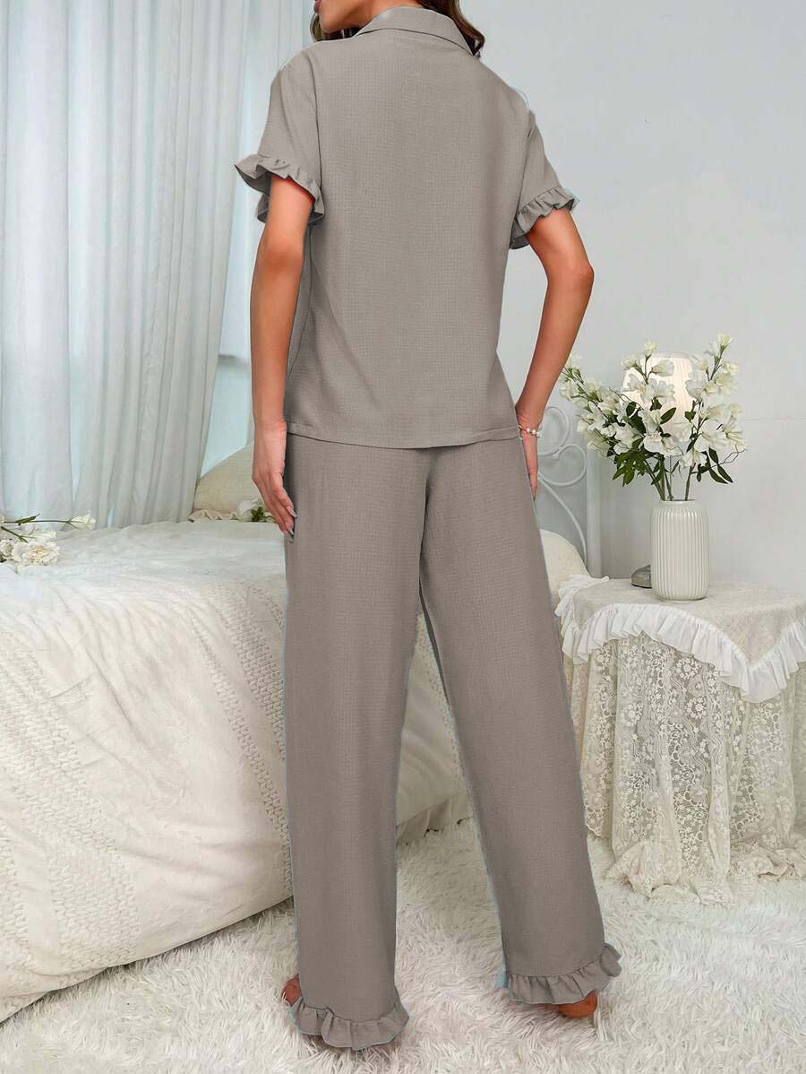 Studio By Arj Bella de Fashion Fabulous Finds Notch Collar Satin Blouse and Ruffle Hem Pants PJ Set