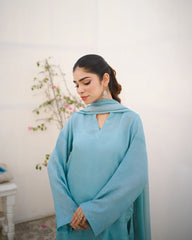 Zauk Stitched 3 Piece Collection-Cyan - Farshi Shalwar Set