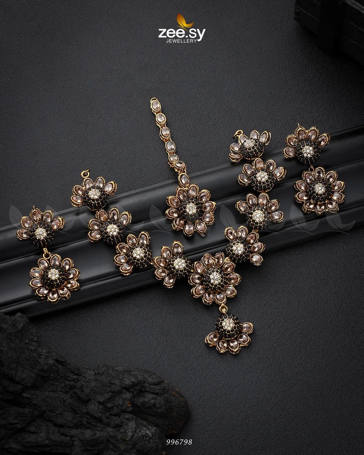 Alstroemeria Necklace set Golden Black - Zeesy Jewellery
