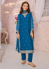 Modest Eid Edit 3 Piece Blue Embroidered Crinkle Suit