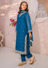 Modest Eid Edit 3 Piece Blue Embroidered Crinkle Suit