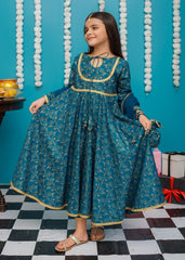 Eid Ki Khushiyan By Modest Stitched 3 Piece Cotton Frock Suit-9230-Blu