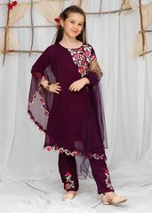 Modest Stitched 3 Piece Formals Kids Suit-Pearl Cape Shirt - Purple
