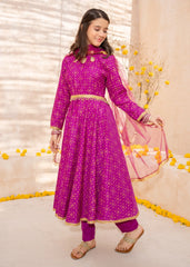 Meethi Eid By Modest Purple Rawsilk Printed 3 Piece Frock