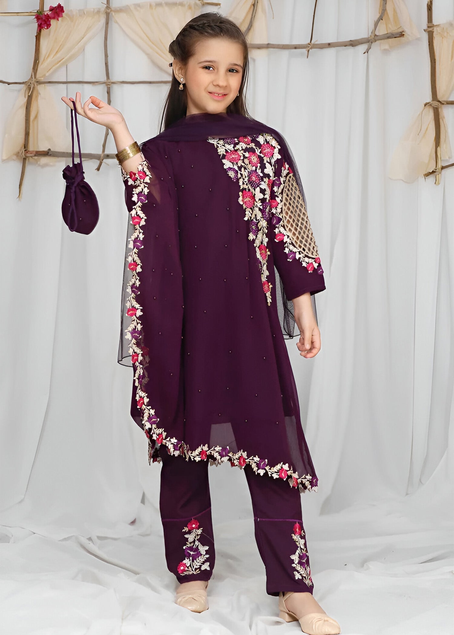 Modest Stitched 3 Piece Formals Kids Collection'2025-Pearl Cape Shirt - Purple