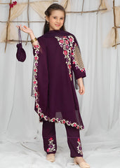 Modest Stitched 3 Piece Formals Kids Suit-Pearl Cape Shirt - Purple