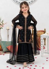 Modest Girls 3 Piece Black Crinkle Embroidered Outfit Suit-11400-Blk