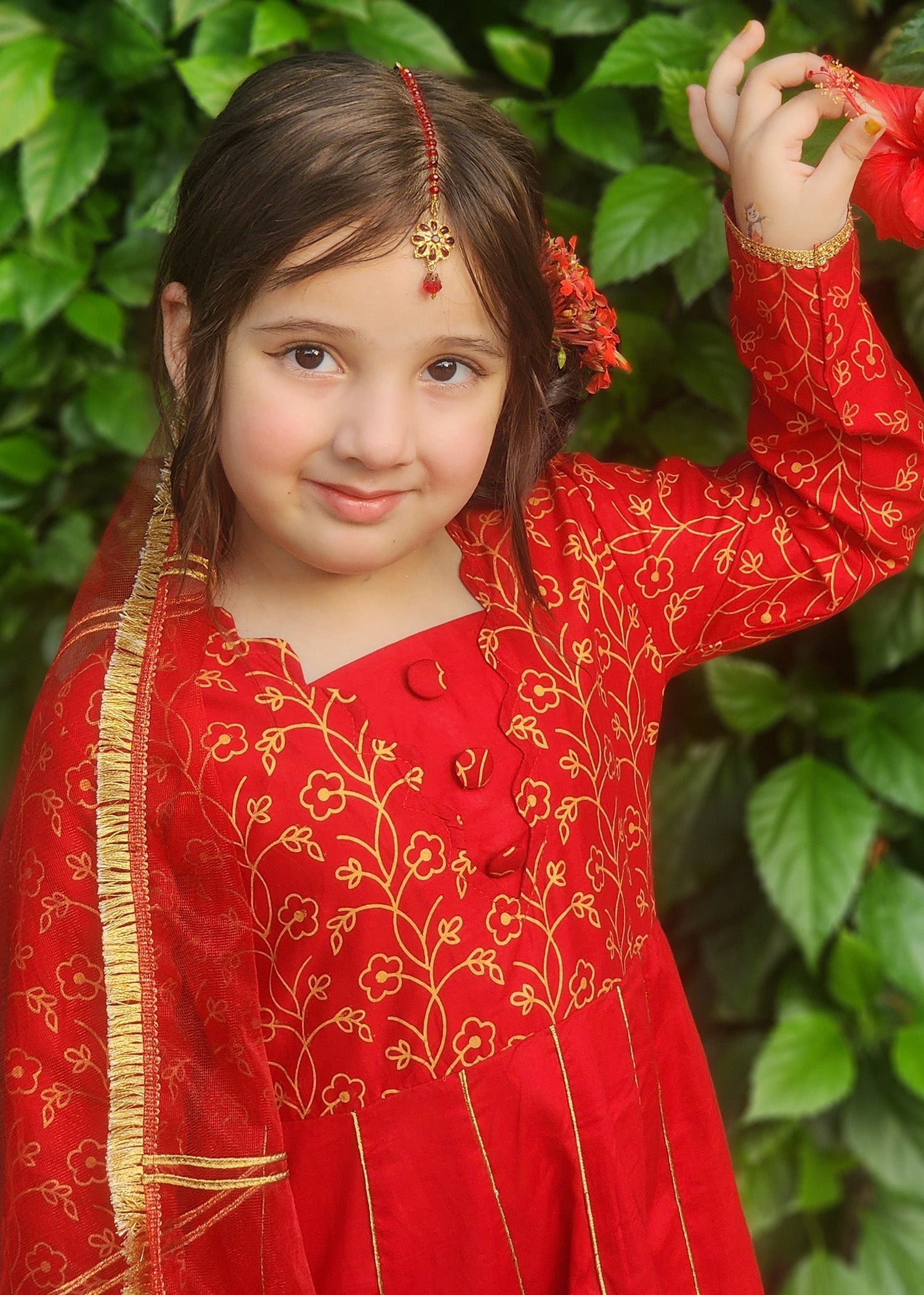 Modest Stitched 3 Piece Luxury Festive Kids Frock Collection'2025-Blooming Red