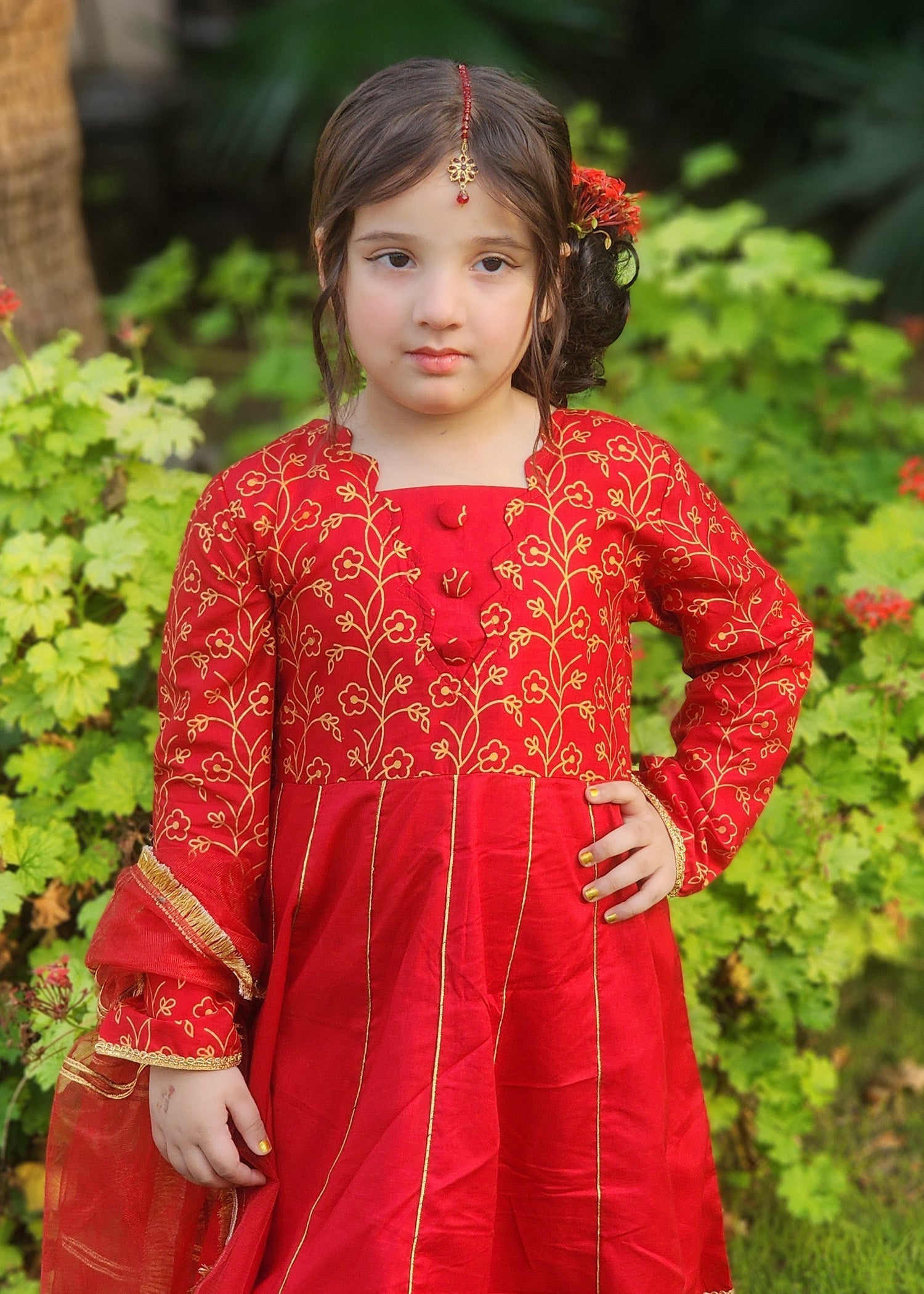 Modest Stitched 3 Piece Luxury Festive Kids Frock Collection'2025-Blooming Red