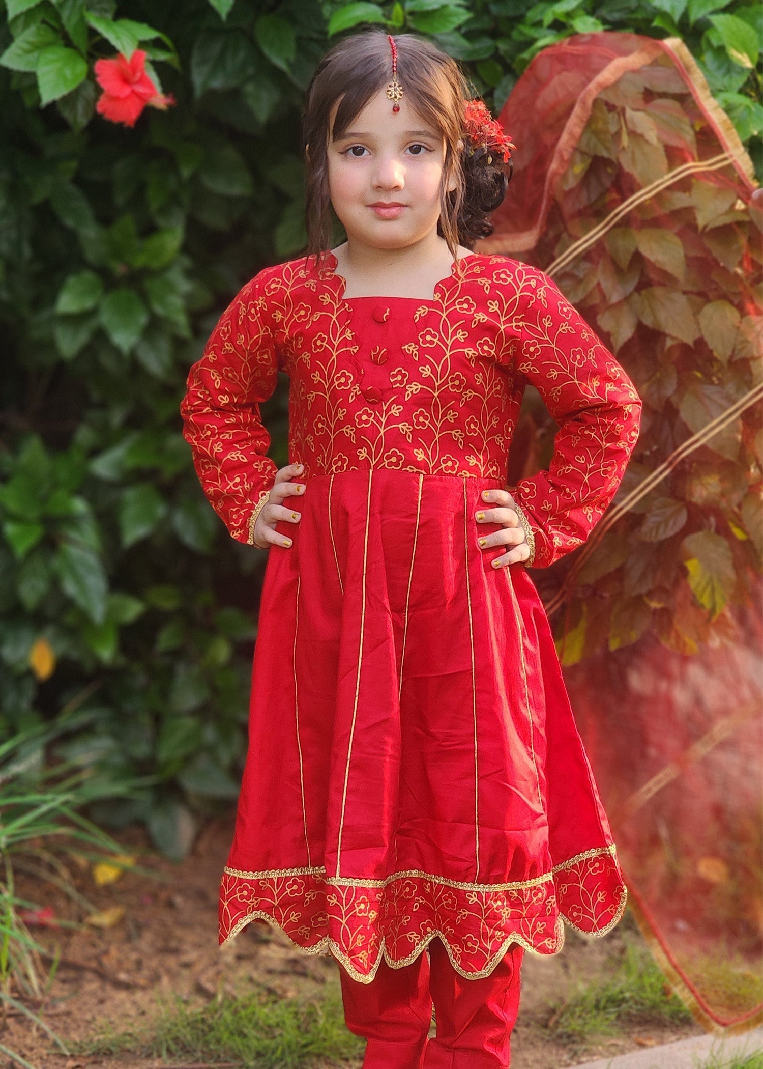 Modest Stitched 3 Piece Luxury Festive Kids Frock Collection'2025-Blooming Red