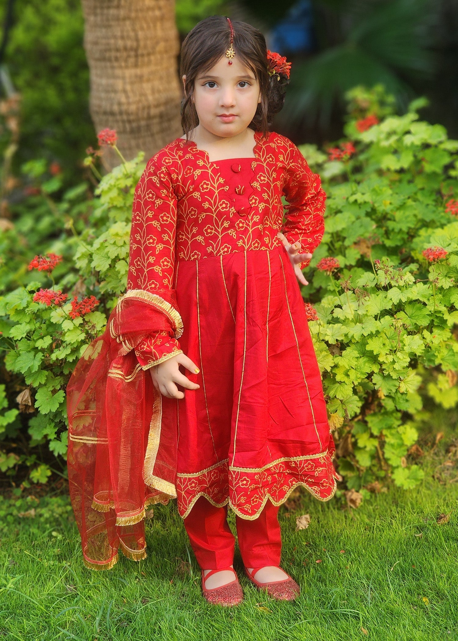 Modest Stitched 3 Piece Luxury Festive Kids Frock Collection'2025-Blooming Red