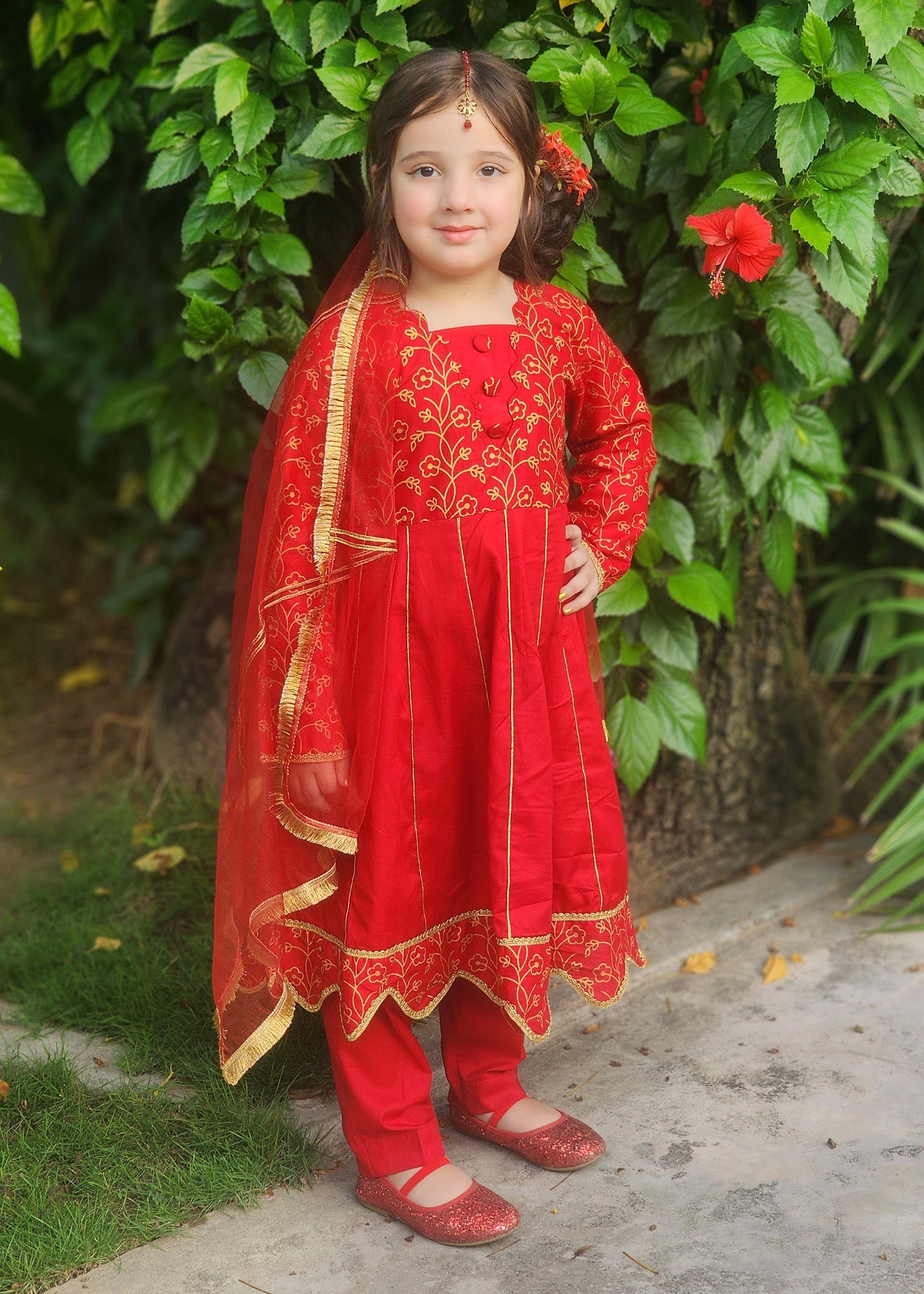 Modest Stitched 3 Piece Luxury Festive Kids Frock Collection'2025-Blooming Red