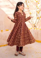 Modest Stitched 3 Piece Printed Rawsilk Frock Suit-10970-Maroon