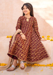 Modest Stitched 3 Piece Printed Rawsilk Frock Suit-10970-Maroon