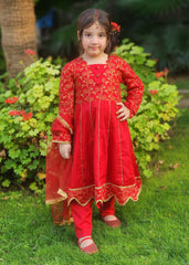 Modest Stitched 3 Piece Luxury Festive Kids Frock Collection'2025-Blooming Red