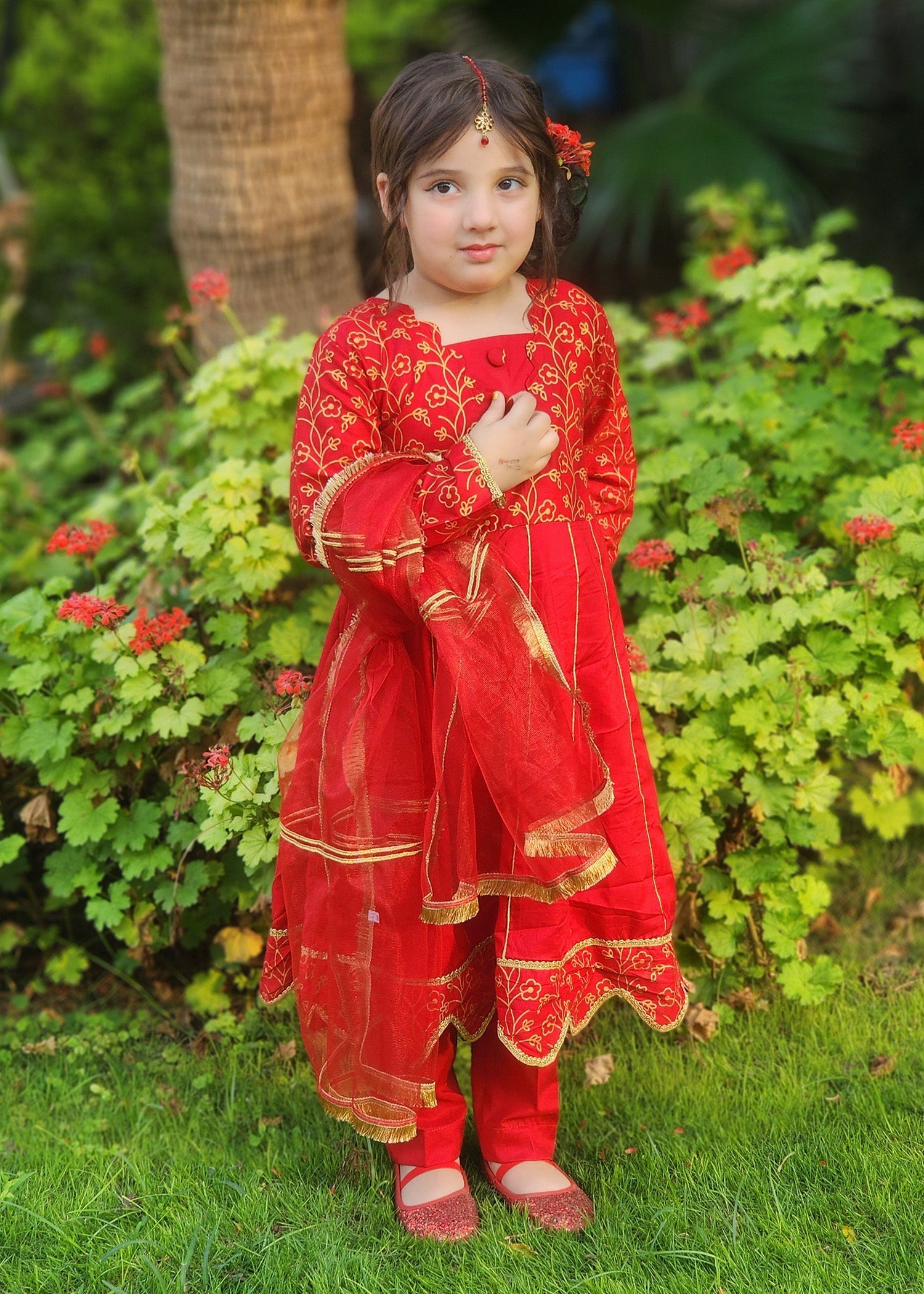 Modest Stitched 3 Piece Luxury Festive Kids Frock Collection'2025-Blooming Red