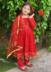 Modest Stitched 3 Piece Luxury Festive Kids Frock Collection'2025-Blooming Red