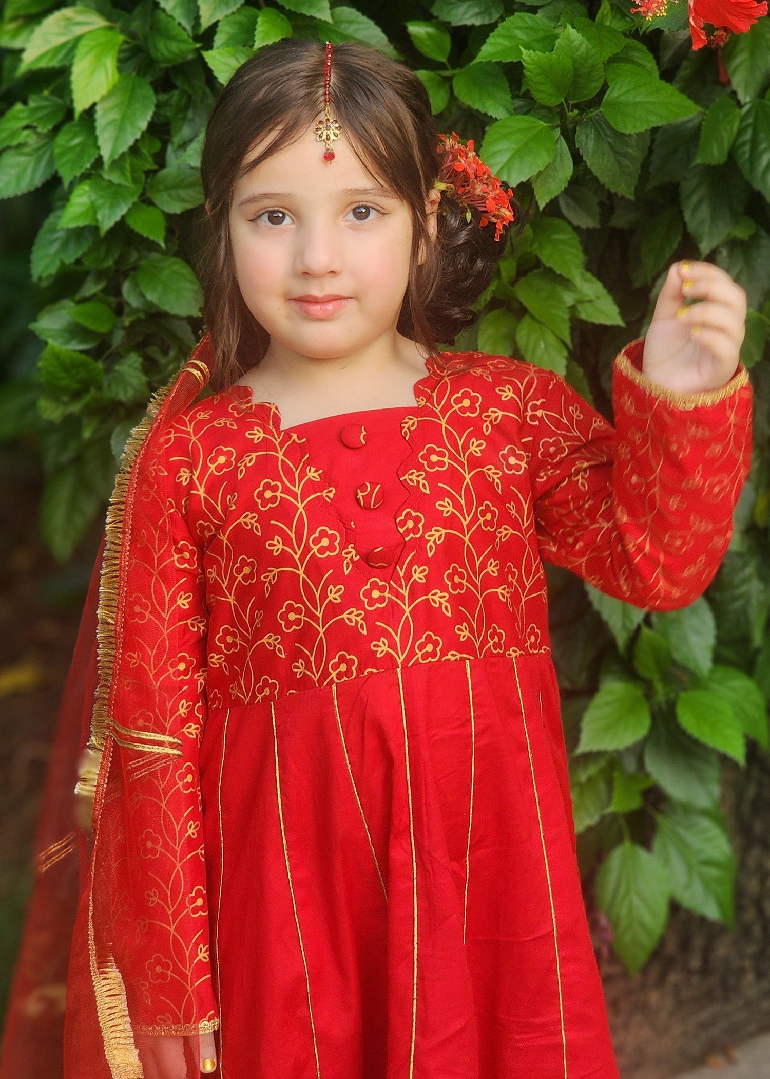 Modest Stitched 3 Piece Luxury Festive Kids Frock Collection'2025-Blooming Red