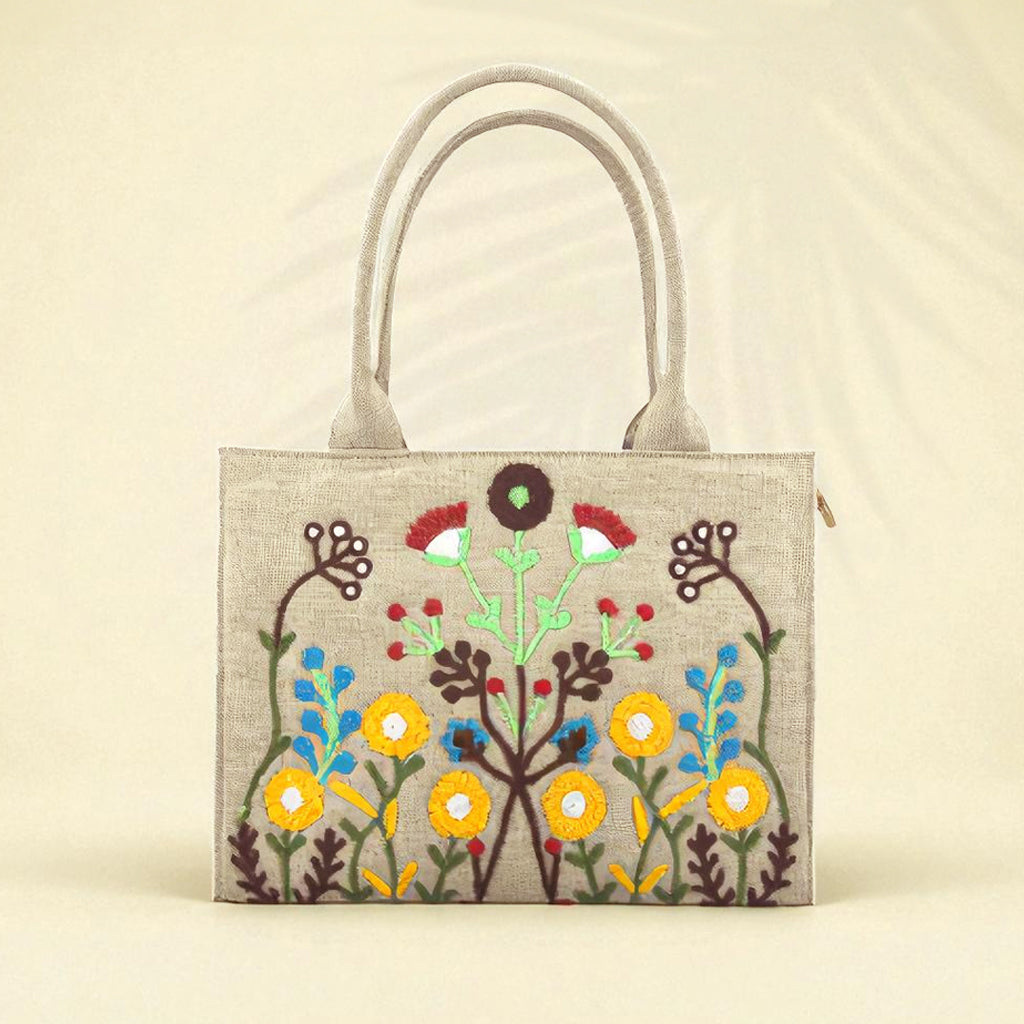 handmade floral embroidery tote bag jute fabric
