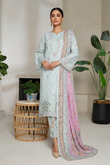 Bin Saeed Stitched 3 Piece Luxury Plain Cotton With Emb Printed Back Suit-NSM-2475-Ferozi