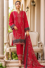 Bin Saeed Stitched 3 Piece Luxury Plain Cotton With Chiffon Dupatta Suit-SMPC-1827-Red