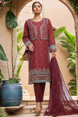 Bin Saeed Stitched 3 Piece Luxury Plain Cotton With Chiffon Dupatta Suit-SMPC-2075-Maroon