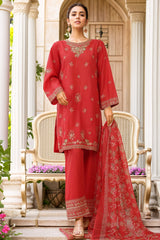 Bin Saeed Stitched 3 Piece Luxury Plain Cotton With Chiffon Dupatta Suit-SMPC-1825-Red