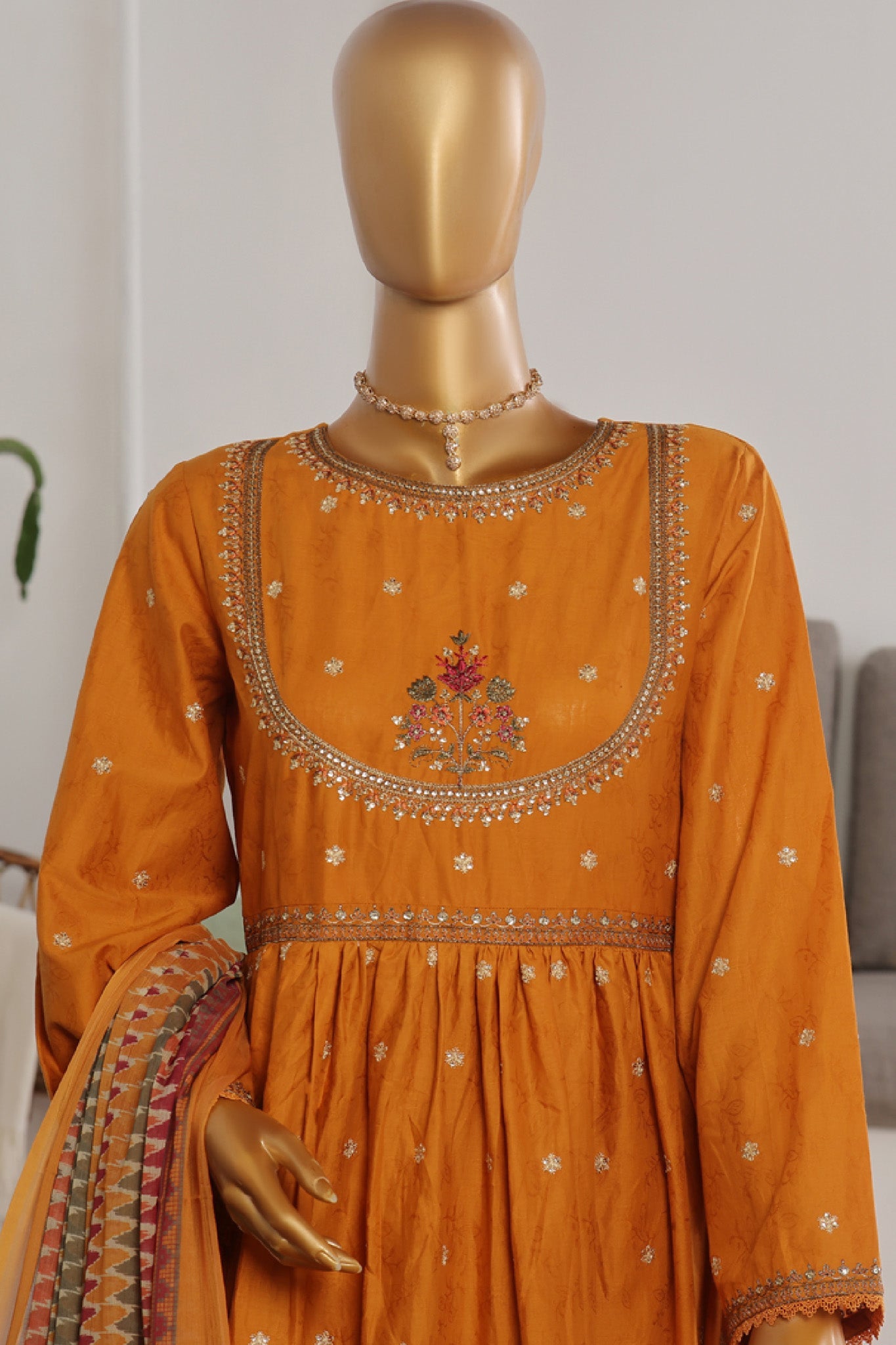 Bin Saeed Stitched 3 Piece Festive Emb Jacquard Frocks Collection'2024-BNS-1034-Mustard