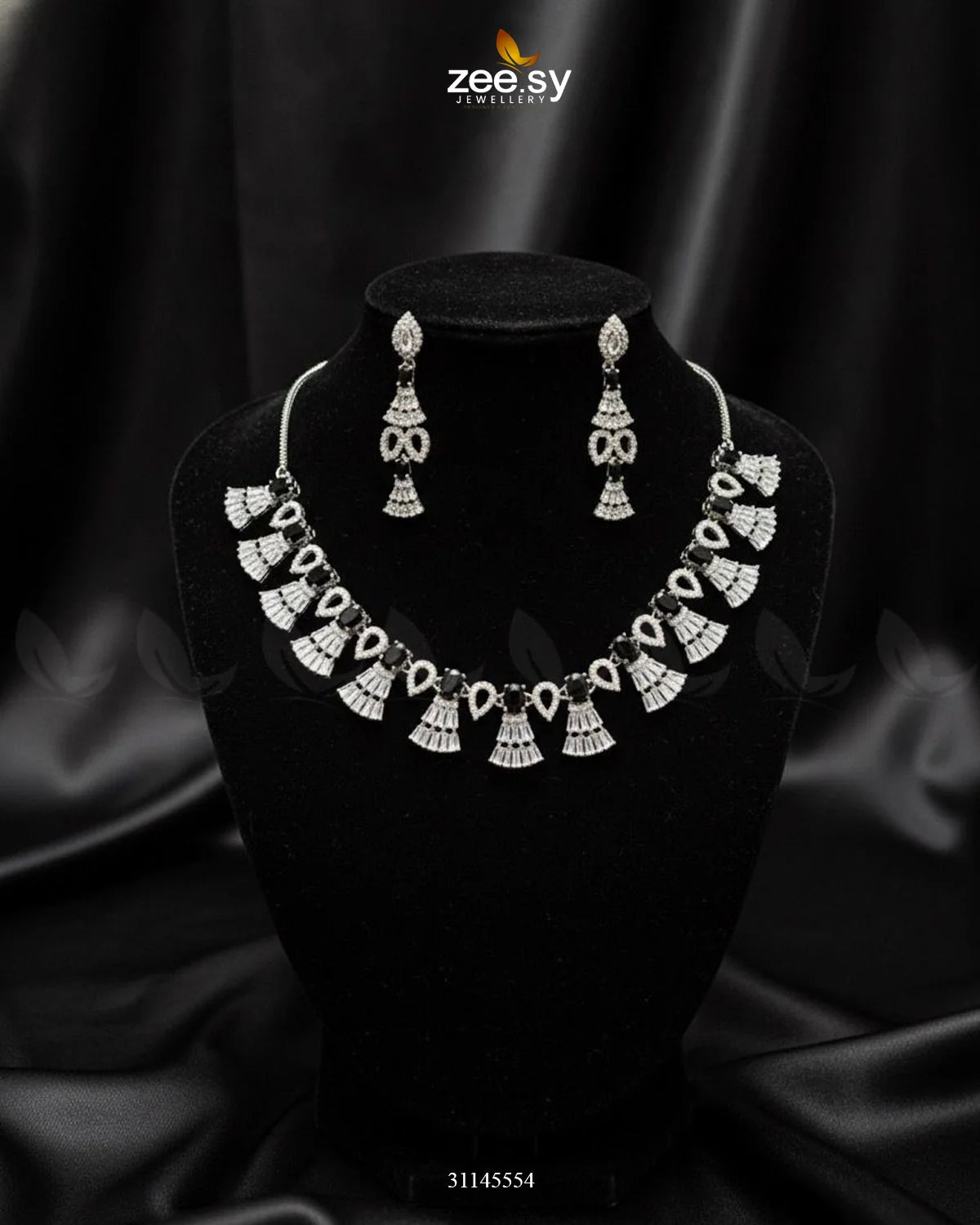 Baguette Fringe Tassel Necklace Set Silver Black - Zeesy Jewellery