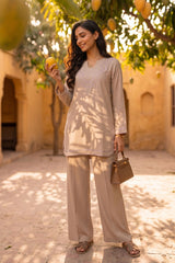 Zouj Stitched 2 Piece Solids Summer Co Ords Suit-Beige
