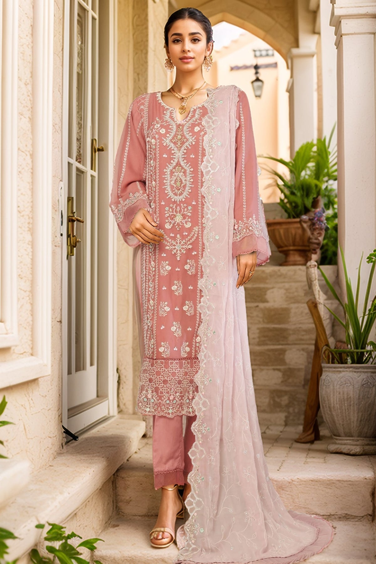 Bin Saeed Stitched 3 Piece Emb Chiffon Collection'2025-RTSC-1791-Pink