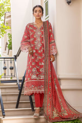 Bin Saeed Stitched 3 Piece Emb Lawn Frock Vol-02 Collection-SM-1627-Red