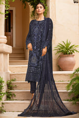 Bin Saeed Stitched 3 Piece Luxury Emb Chiffon Suit-RTSC-2148-Navy Blue