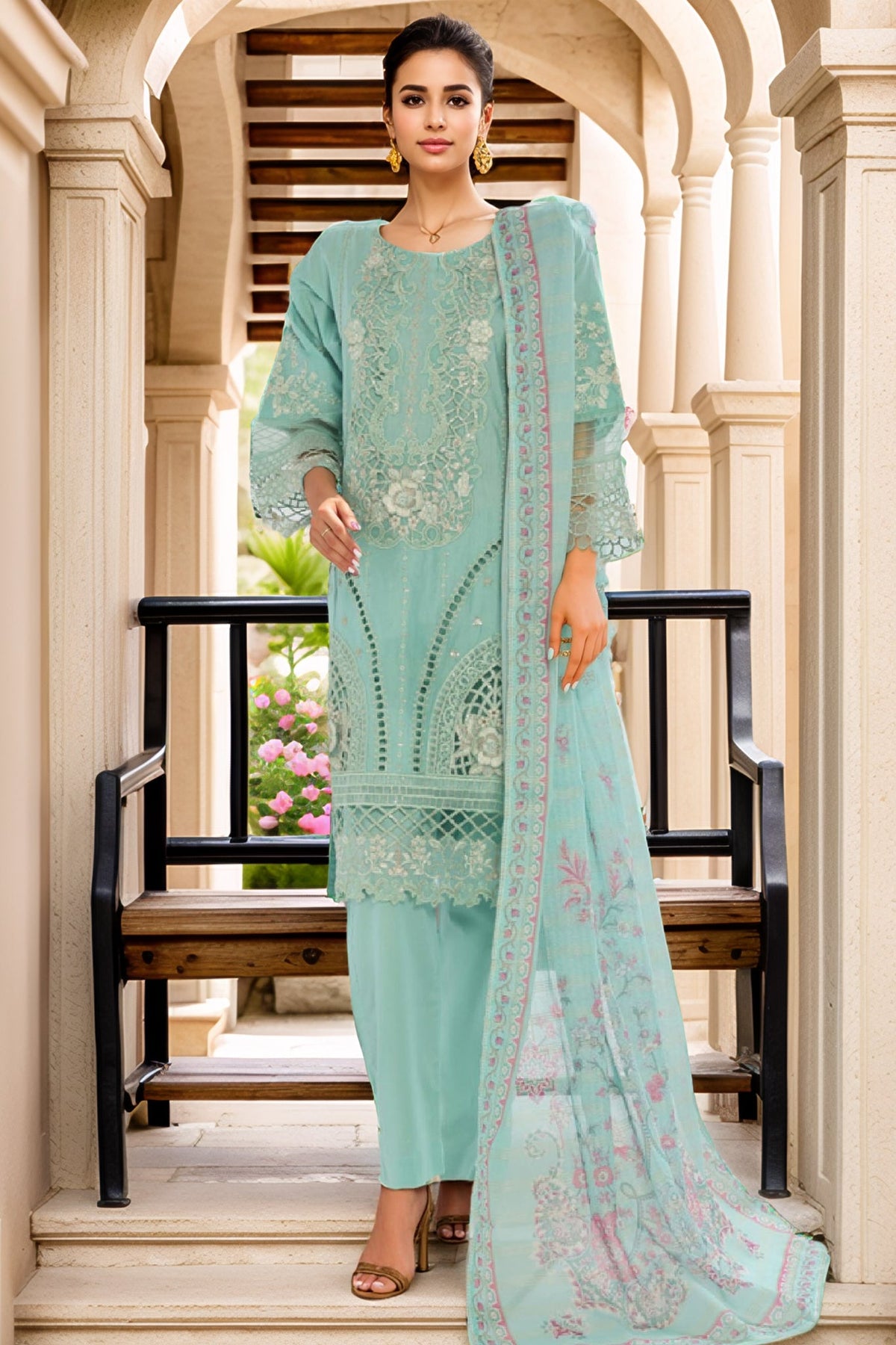 Bin Saeed Stitched 3 Piece Luxury Plain Cotton Vol-02 Collection-LF-1613-Ferozi