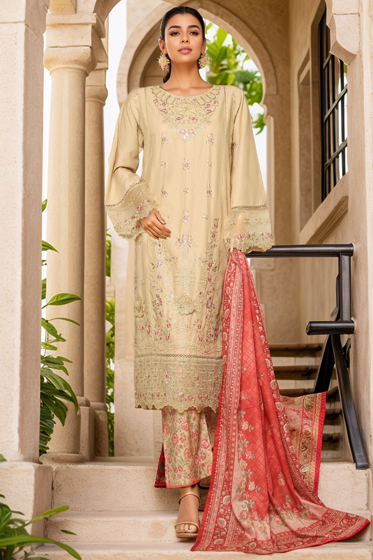 Bin Saeed Stitched 3 Piece Luxury Plain Cotton With Printed Back Collection'2025-NSM-2177-Off White