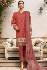 Bin Saeed Stitched 3 Piece Plain Cotton with Emb Trouser Suit-SMPC-1973-Maroon