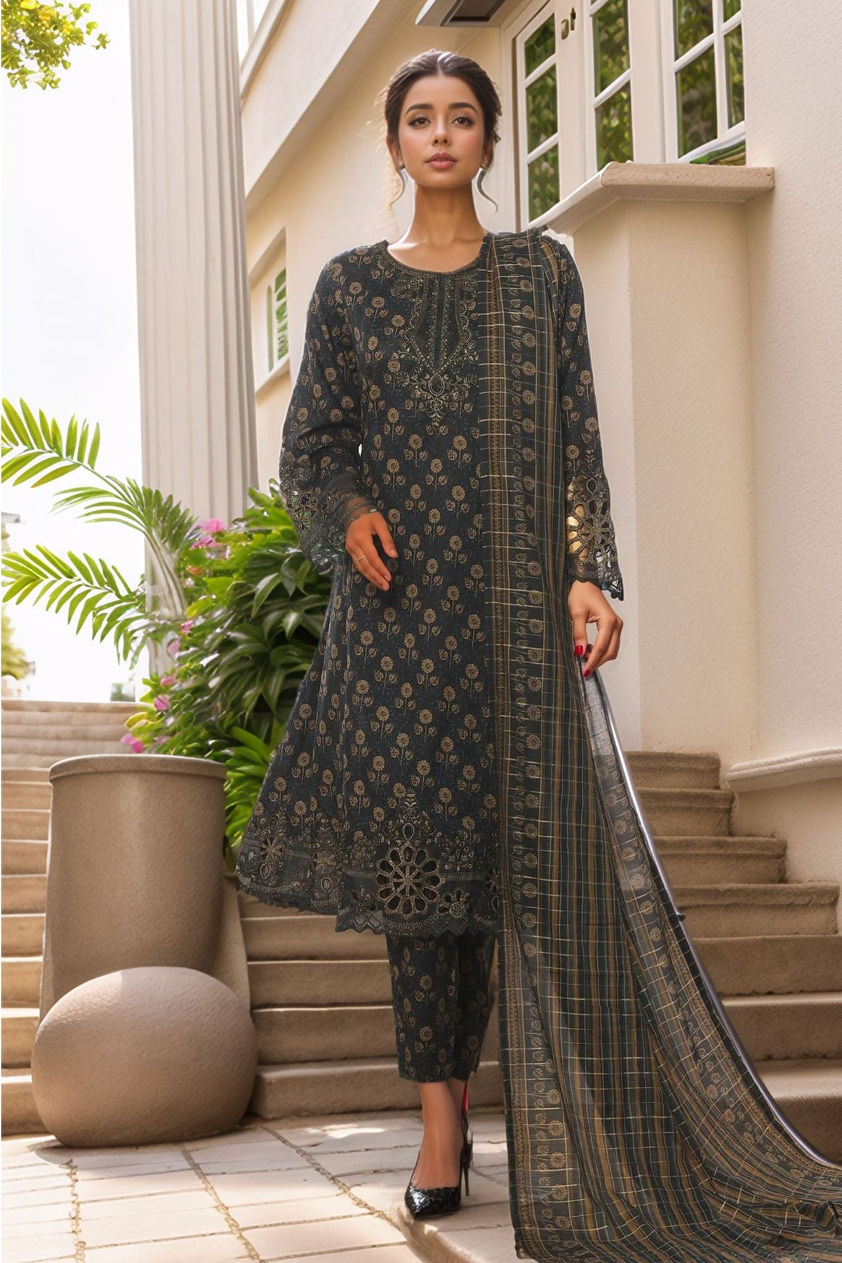 Bin Saeed Stitched 3 Piece Emb Lawn Frock Vol-03 Collection-SM-1644-Green