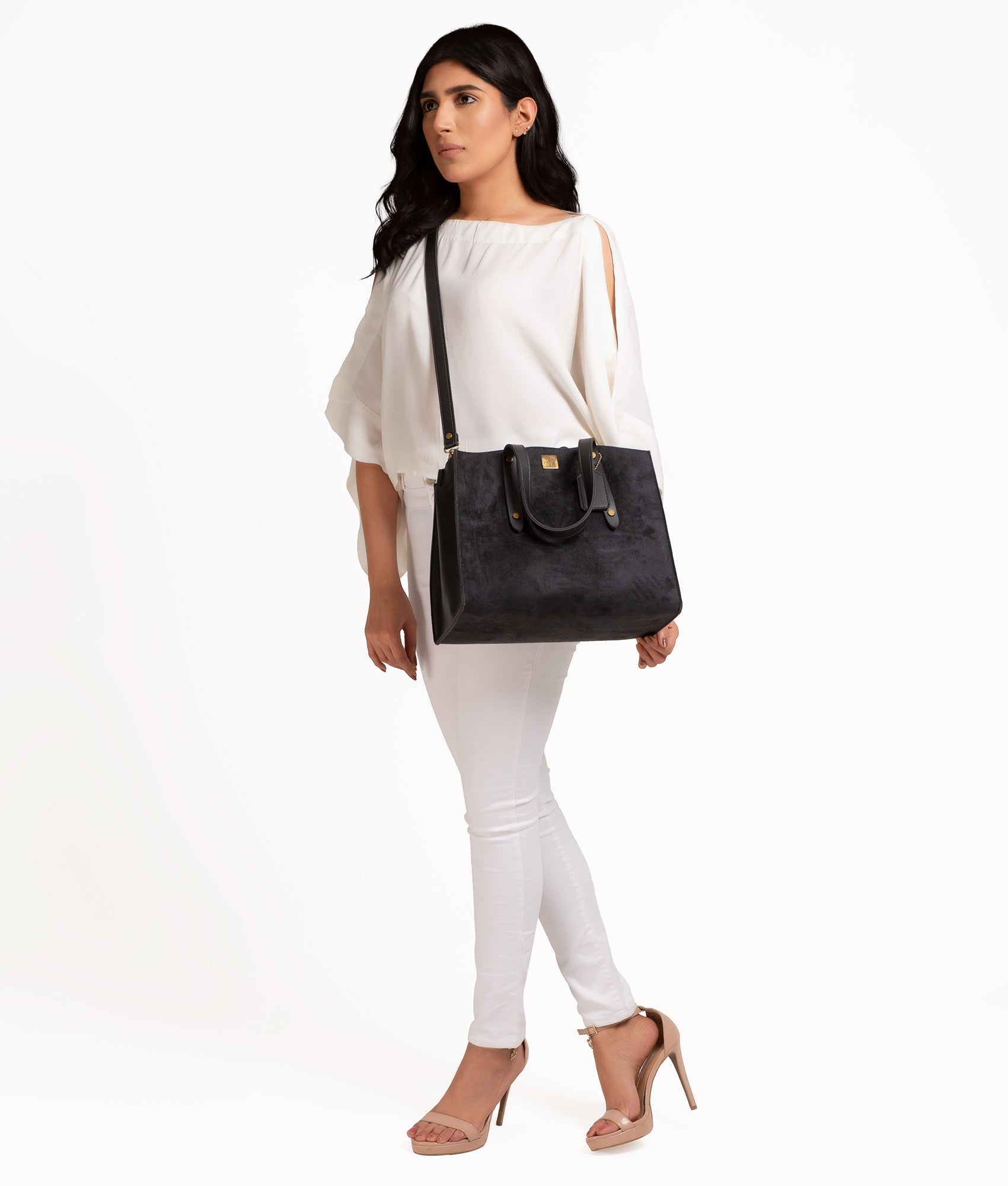 RTW Creation - Black suede multi compartment satchel bag