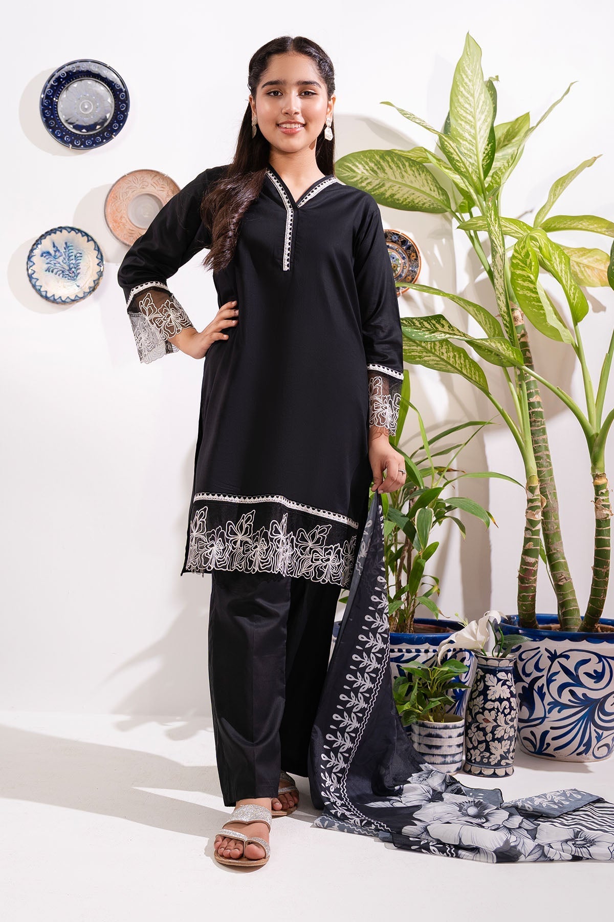 Chic black cotton 3 pc suits for girls ??? stylish monochrome designs perfect for parties, Eid & special occasions. 