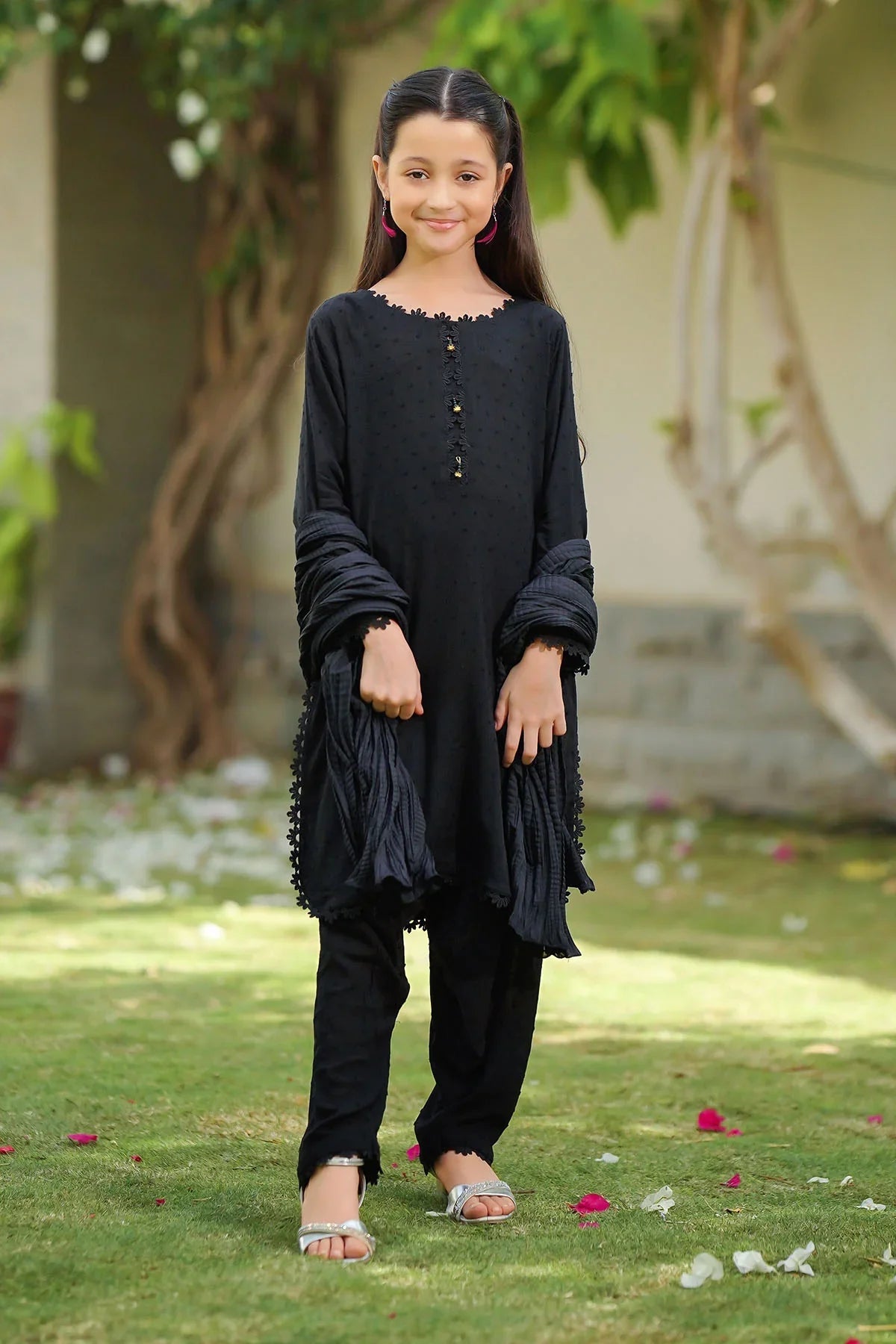 Shop Broschia cotton 3 pc suit for girls with elegant black dress style. Soft, breathable fabric and trendy design