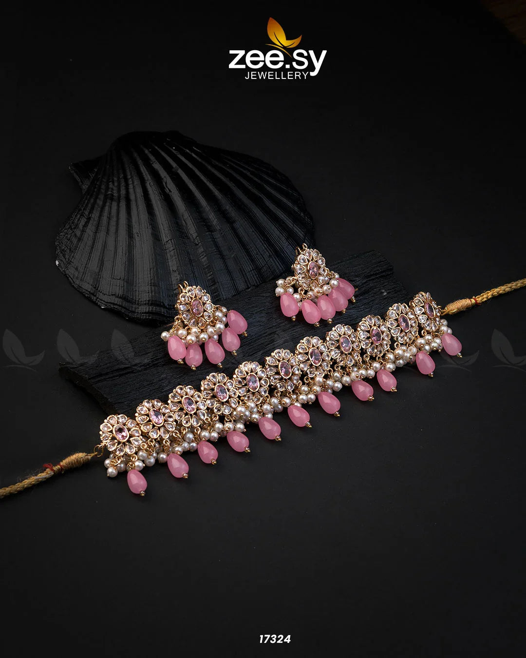 Blooming Flower Necklace Set Golden Pink - Zeesy Jewellery