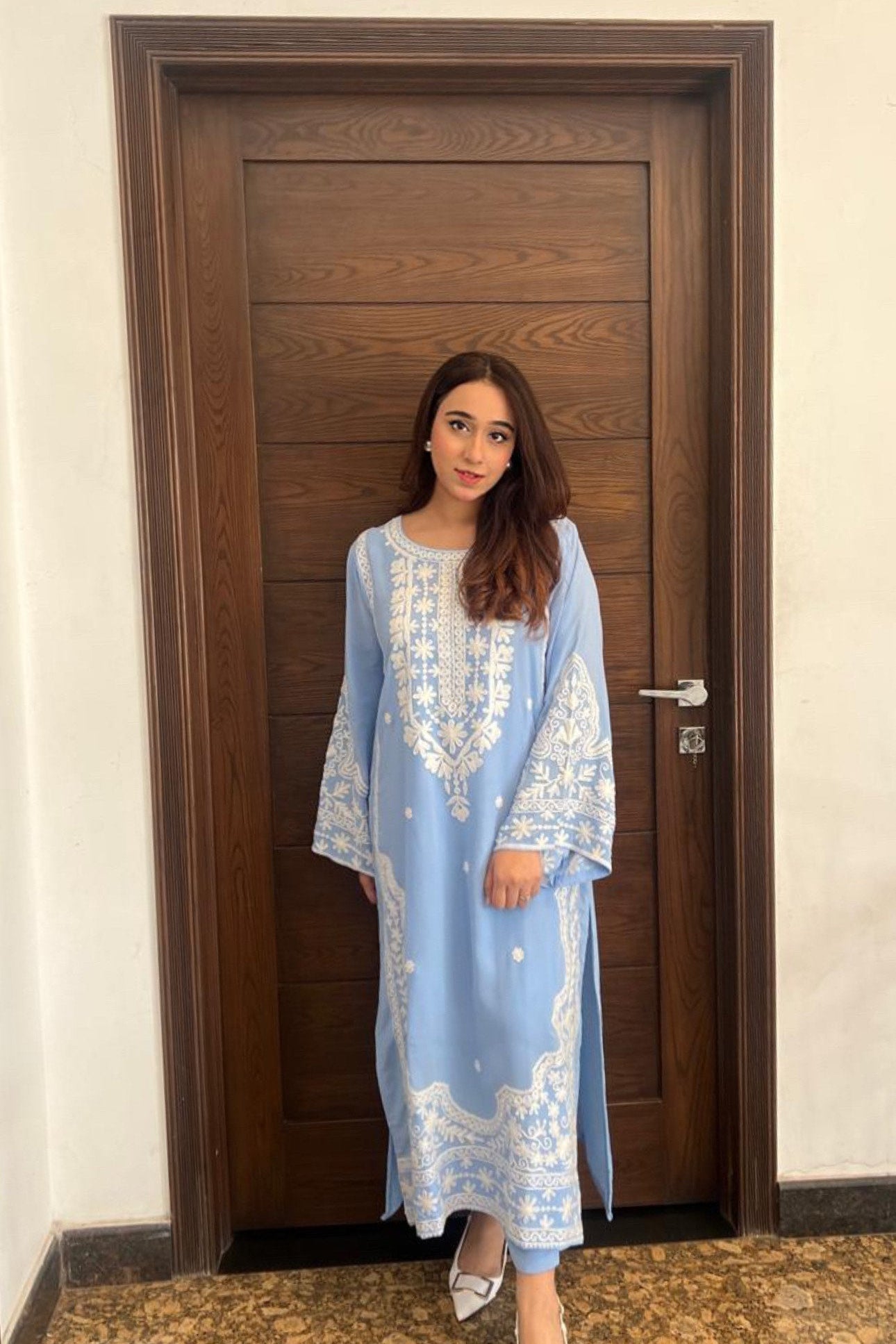 Manahils Stitched Ice Blue Embroidered Two Pc