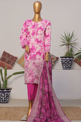 Printkari By HZ Stitched 3 Piece Emb Slub Cambric Suit-CPK-809