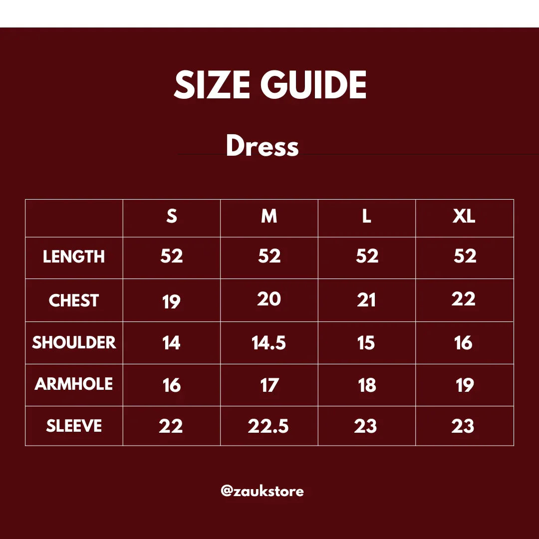 Size guide for a dress on a dark red background.