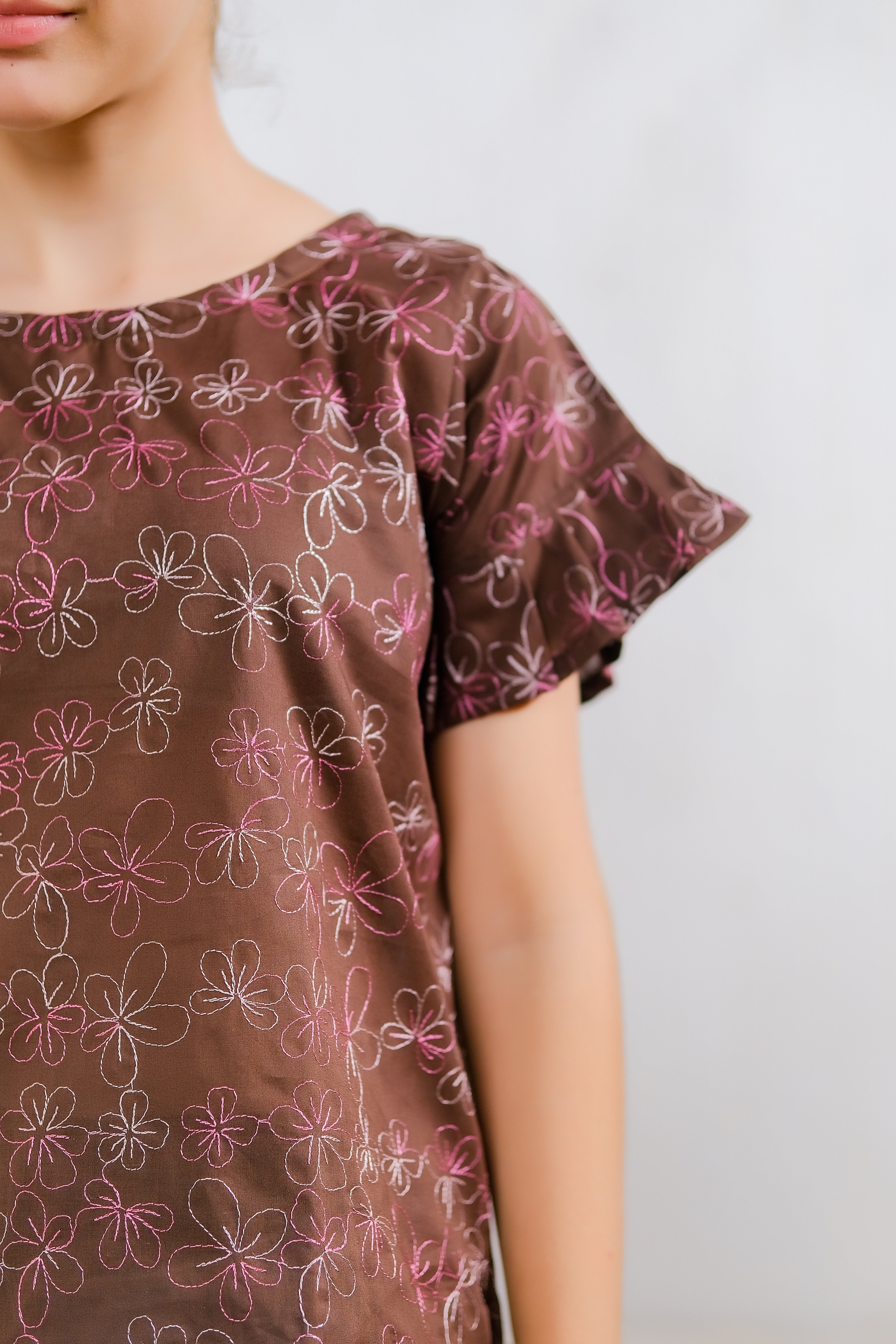 Sprinkles Stitched 1 Piece Summer Shirts Kids Collection'2025-Chocolate Floral Embroidered Top