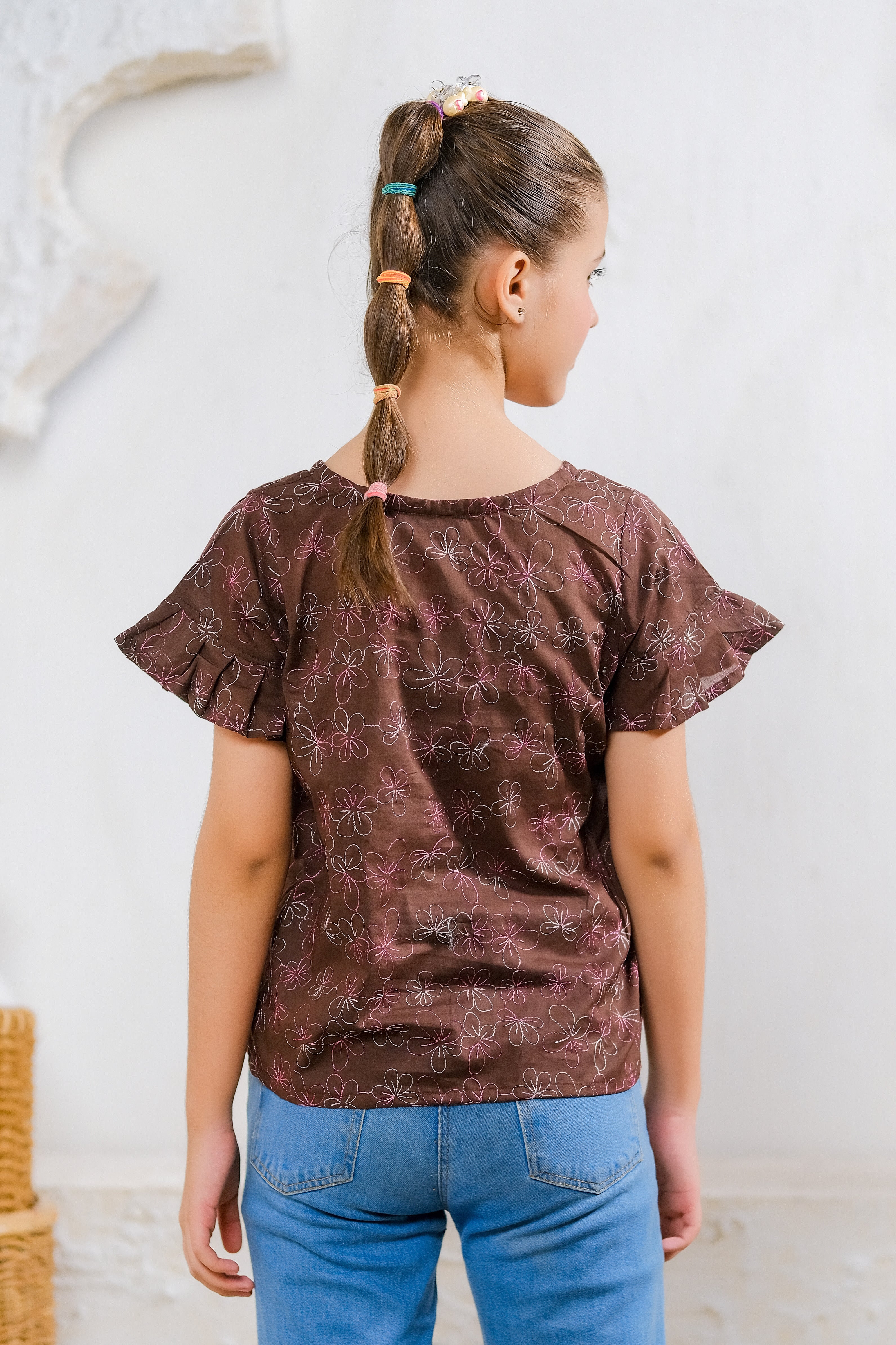 Sprinkles Stitched 1 Piece Summer Shirts Kids Collection'2025-Chocolate Floral Embroidered Top