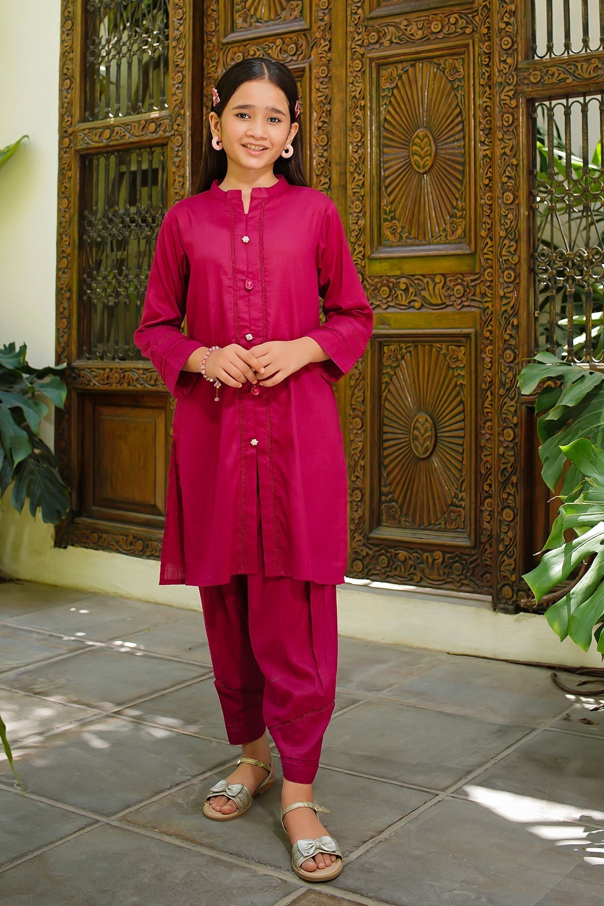 Premium online dobby cotton 2 pc suit for girls with hand embellishments.