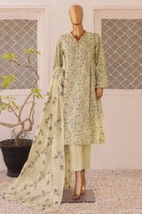 HZ Threads Unstitched 3 Piece Digital Printed Emb Lawn Suit-TEC-931