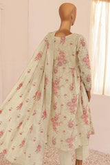 HZ Threads Unstitched 3 Piece Digital Printed Emb Lawn Suit-TEC-936